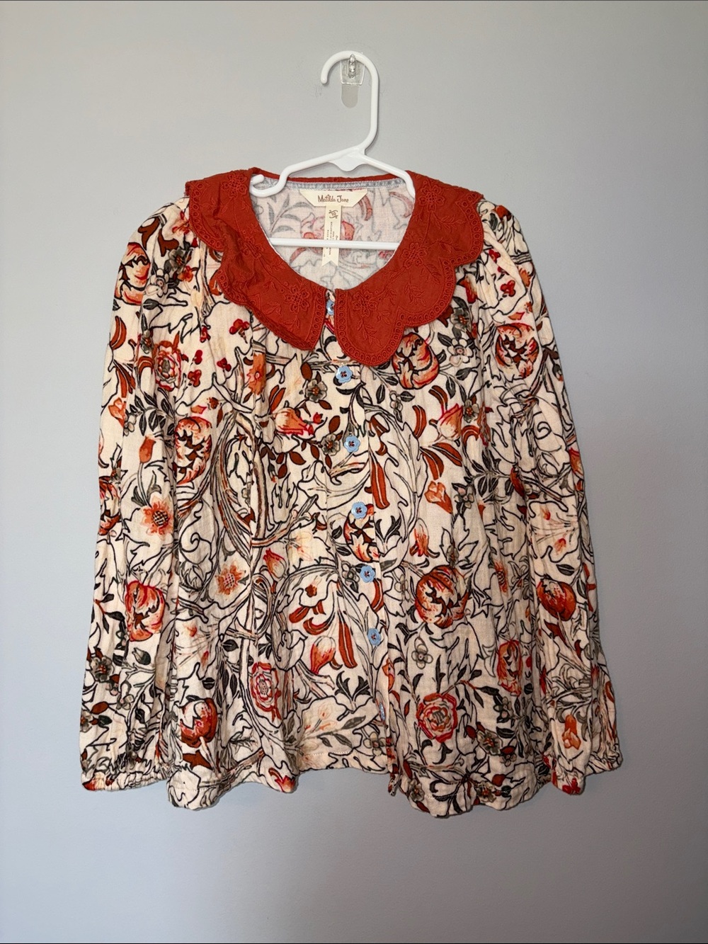 Matilda Jane Cream Floral Button-Front Top with Orange Lace Collar Size 10